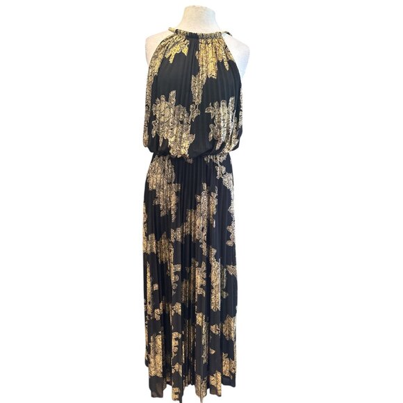 Black & Gold Halter Maxi Dress By MSK Womens Size 10 Pleated Skirt Metallic Patt - Picture 1 of 10